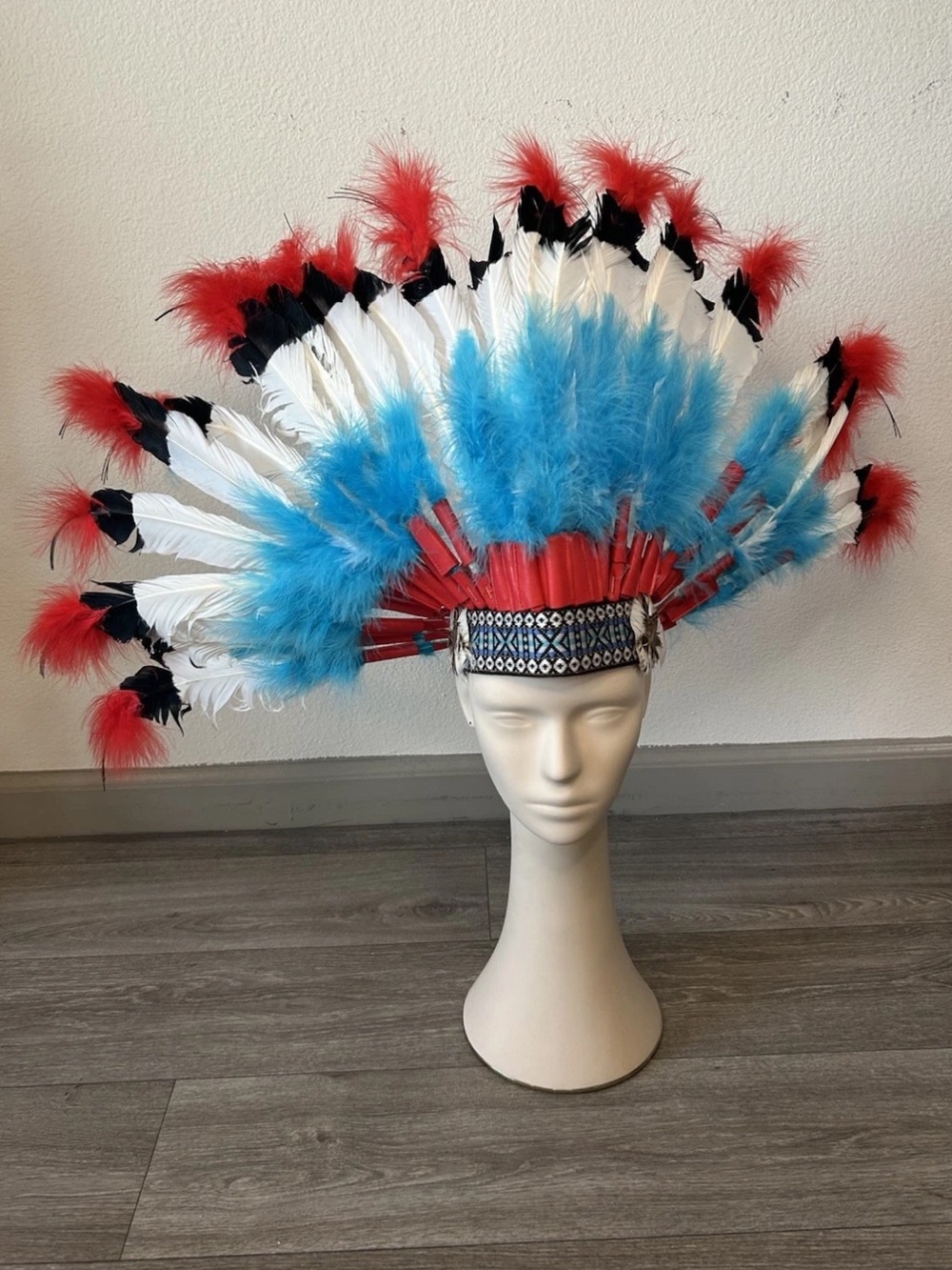 Vintage Handmade Feather Headdress Costume Festival Dance Headpiece Red Blue OS